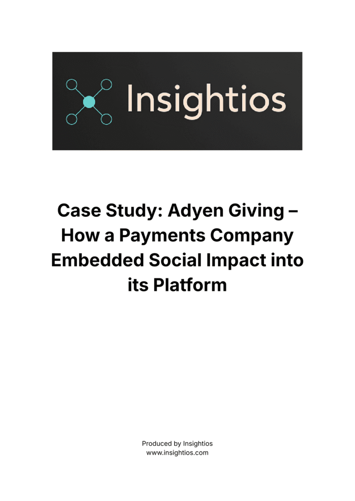 Insightios report cover for Adyen Giving case study on embedded social impact in payment platforms