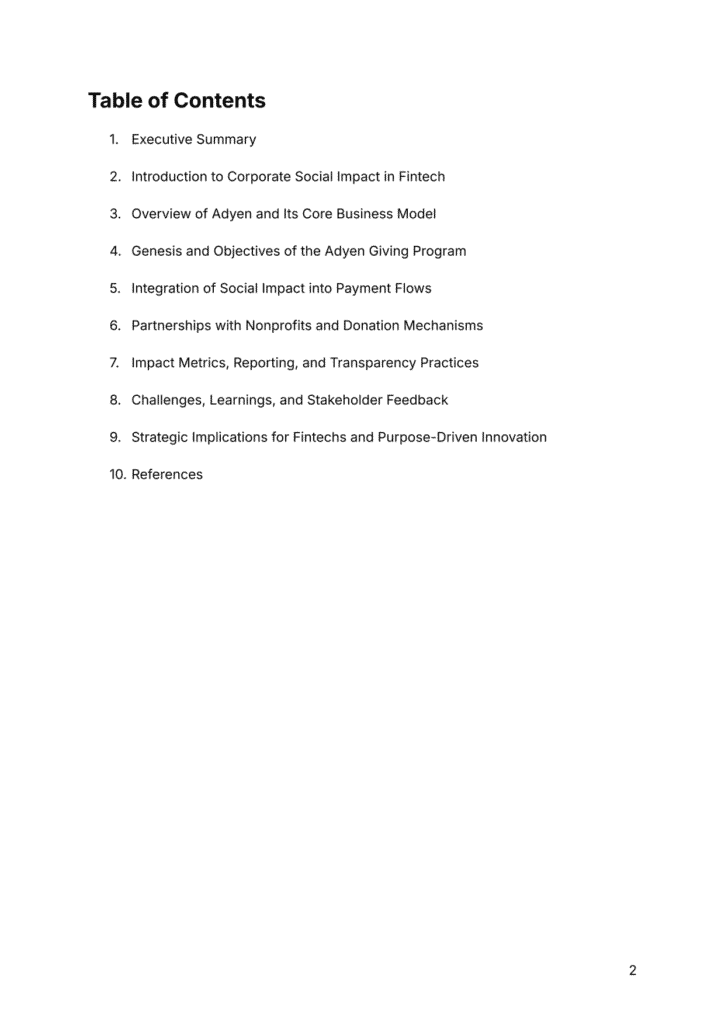 Contents showing sections on Adyen’s model, donation mechanisms, metrics, and nonprofit partnerships