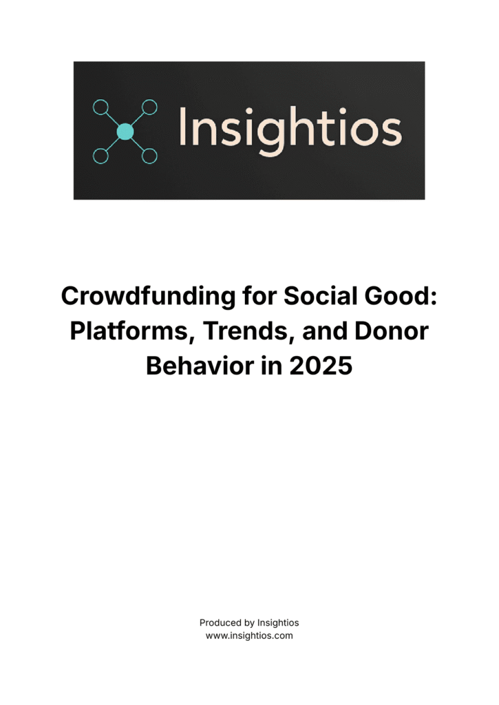 Insightios report cover on crowdfunding for social good, including donor behavior and platform comparisons