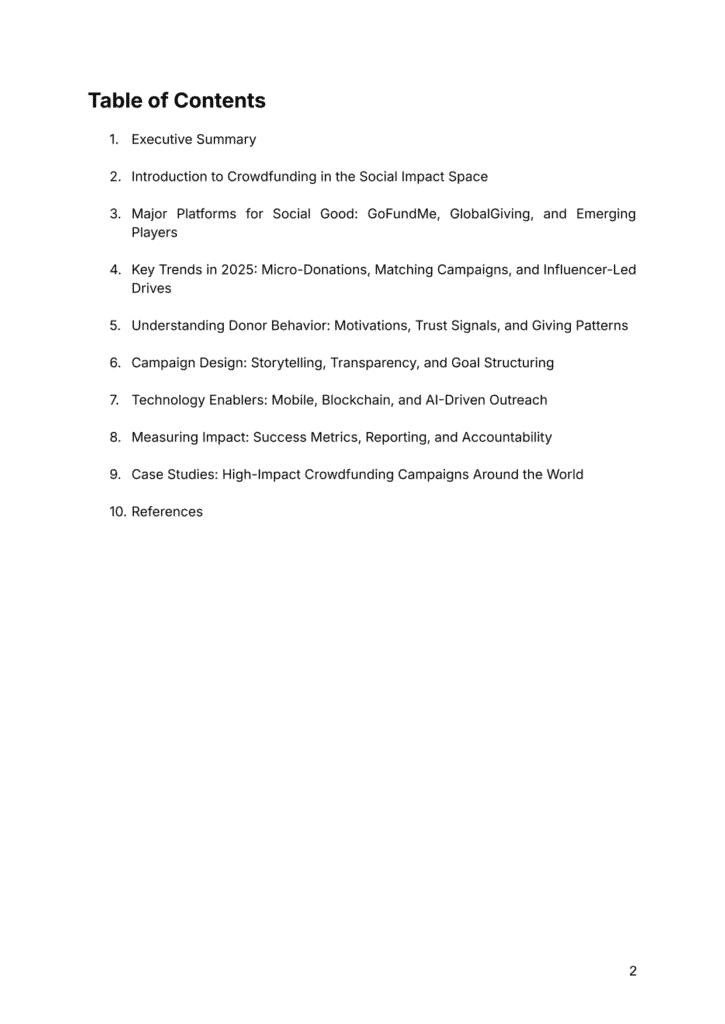 Contents showing trends like micro-donations, blockchain, influencer campaigns, and global case studies