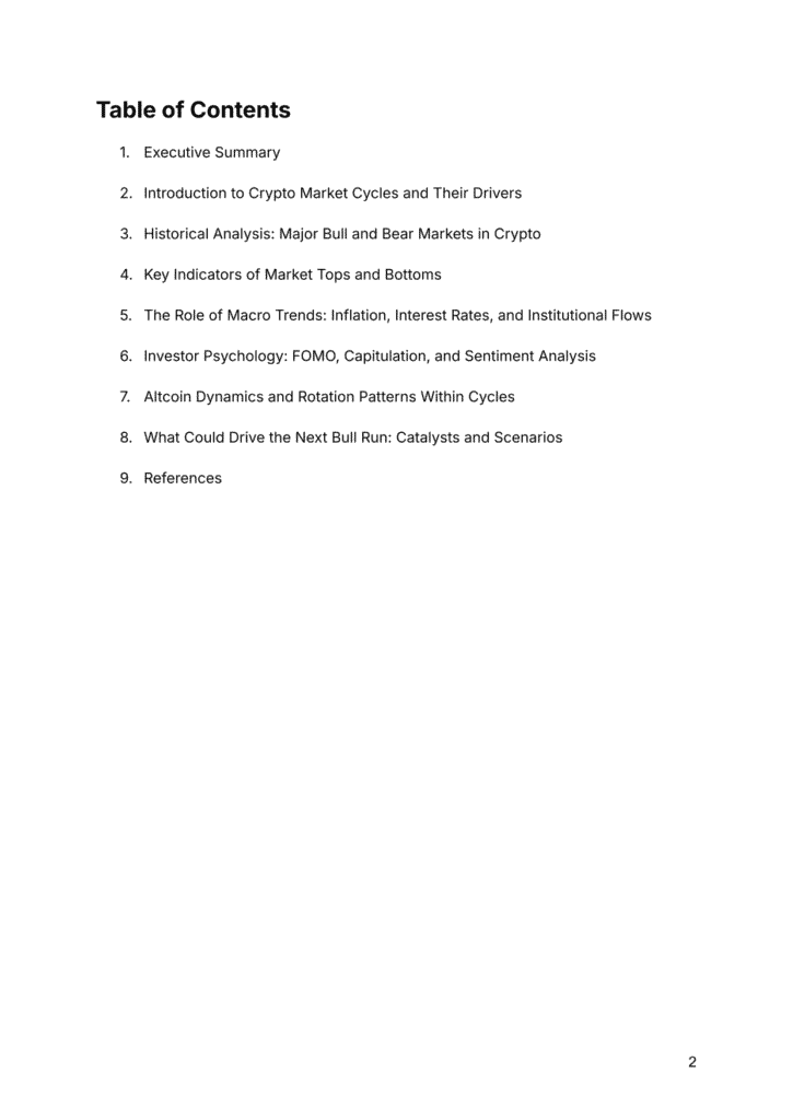 Table of contents detailing crypto market trends, catalysts, and trading psychology