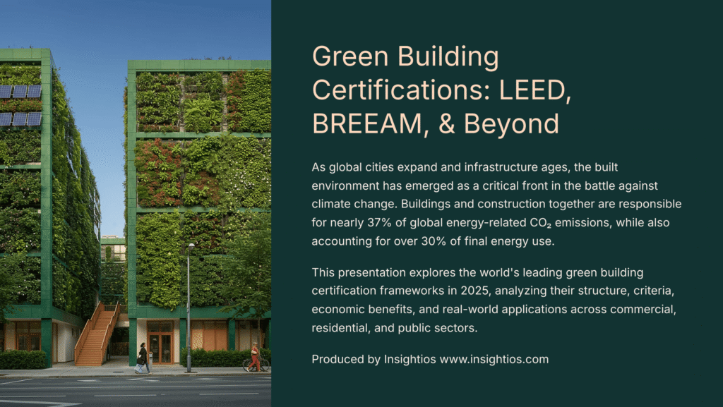 Vertical gardens on modern buildings symbolizing LEED and BREEAM projects