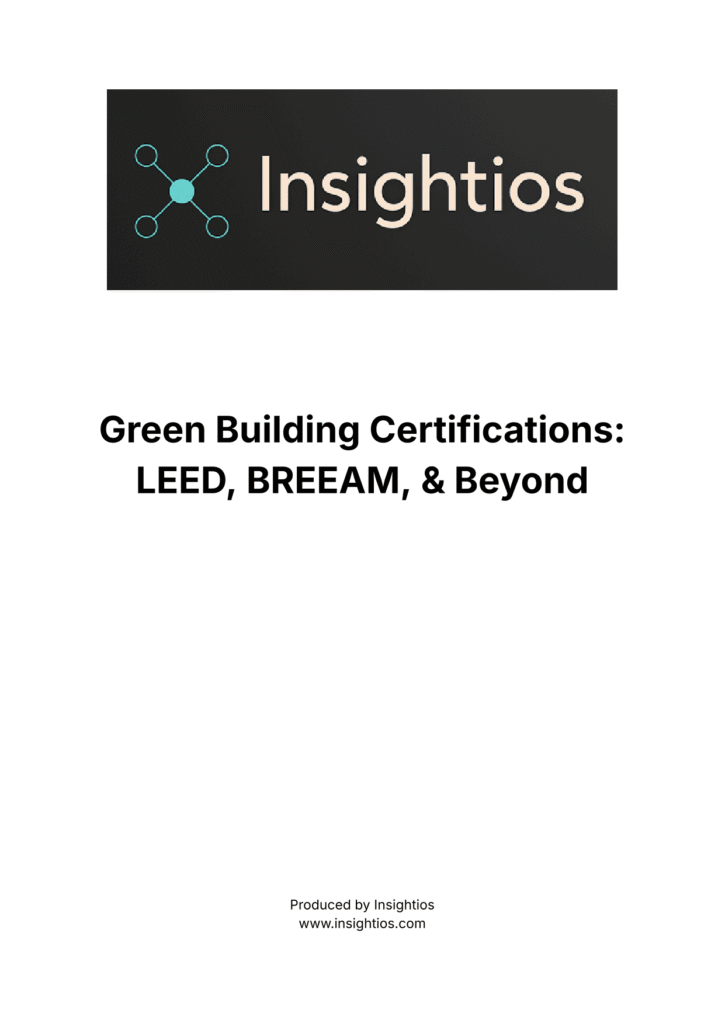 Insightios report cover on green building certifications (LEED, BREEAM, WELL)