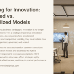 Business team discussing innovation structure in glass office with digital screens