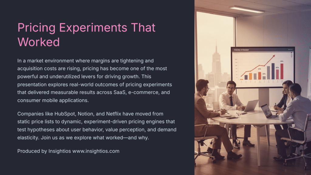 Group strategy meeting analyzing pricing tests with results dashboard