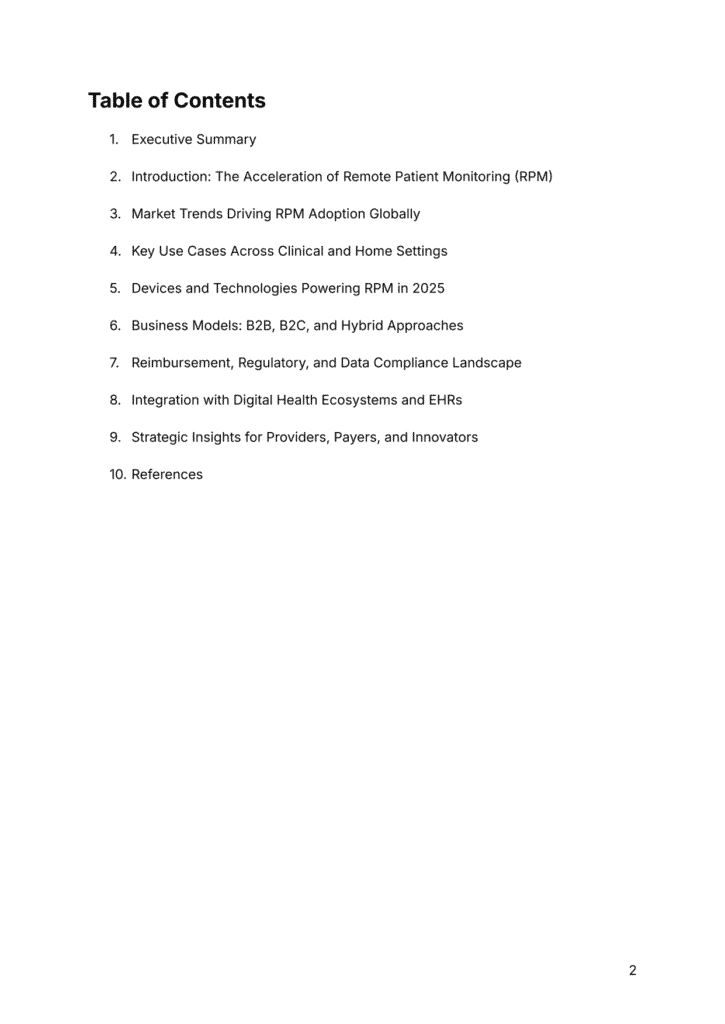 Table of contents showing RPM trends, tech platforms, and hybrid healthcare models