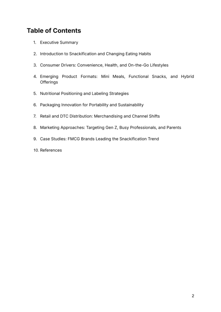 Table listing sections on snack habits, Gen Z behaviors, product formats, and retail strategies
