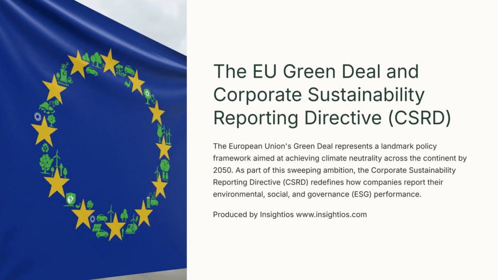EU flag with sustainability-themed icons representing environmental reporting and corporate ESG policy