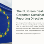 EU flag with sustainability-themed icons representing environmental reporting and corporate ESG policy
