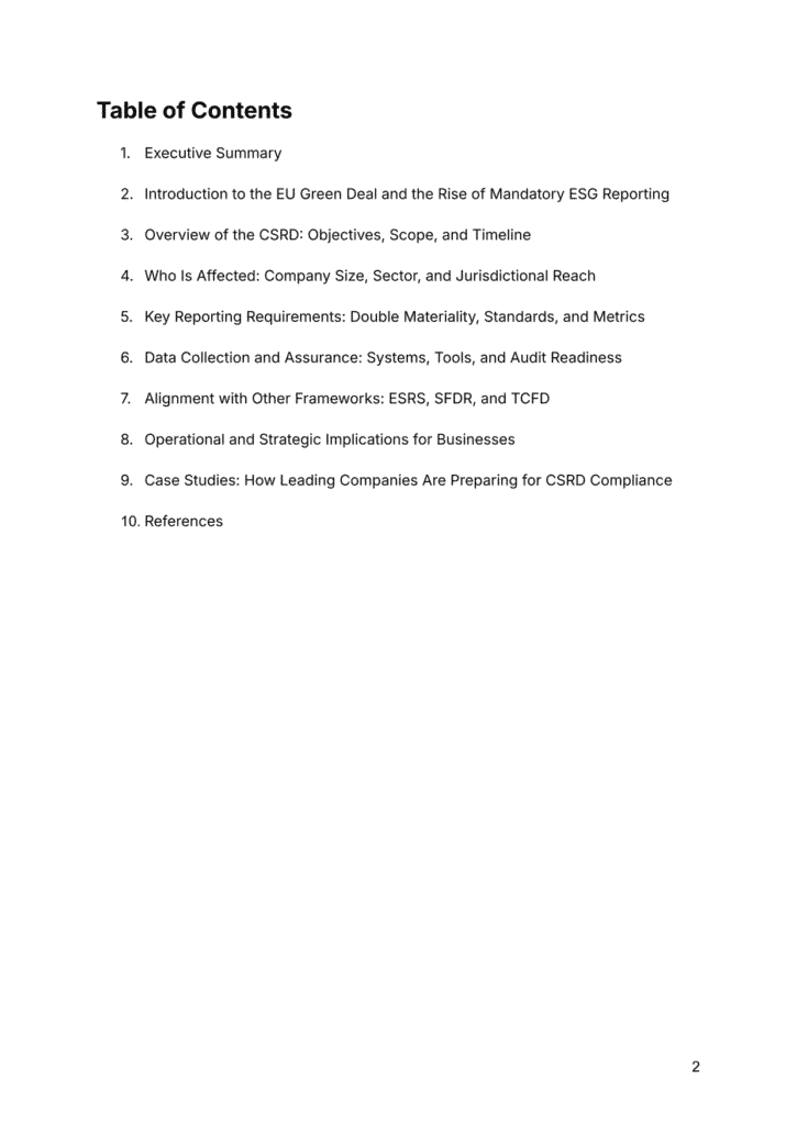Sections covering CSRD scope, disclosure standards, audit tools, and business case studies