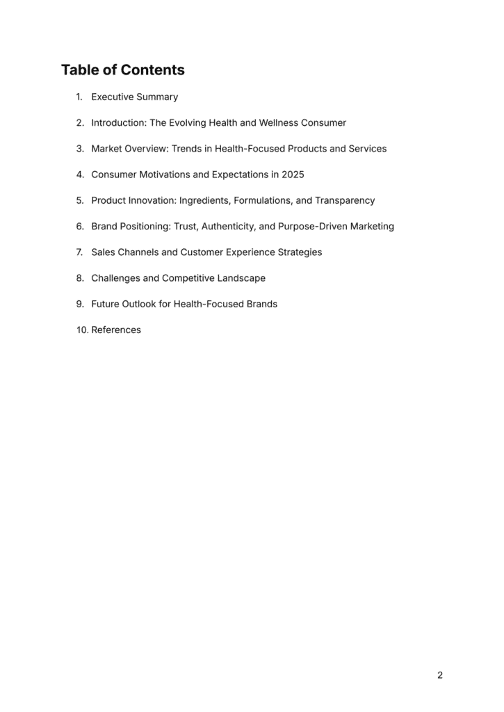 Table of contents on health consumer insights, brand positioning, and product innovation