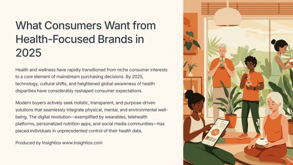 Visual showing health-conscious consumers using wellness apps, digital tools, and plant-based products